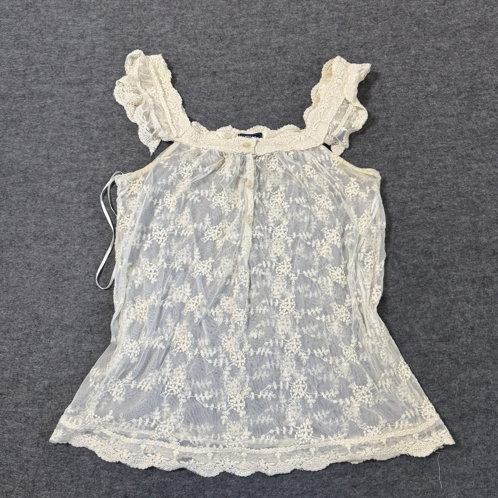 VTG Y2K Blue Ashphalt Sheer Floral Henley Neck Tanktop Size S Cottage Whimsy